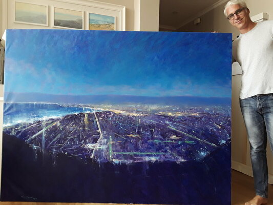 Luca Raimondi in the Studio: at my studio with a landscape painting ready for a new home
