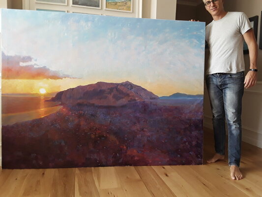 Luca Raimondi in the Studio: at my studio with a landscape painting ready for a new home
