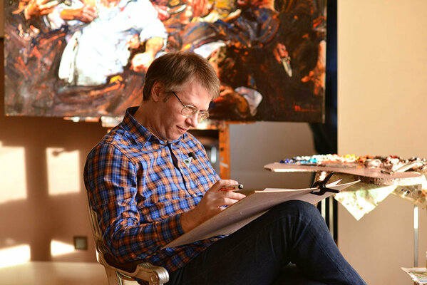 Evgeniy Monahov in the Studio: Making new sketches for future artworks.
