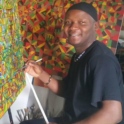 Angu Walters in the Studio: Angu Walters paints in his studio in Cameroon, Africa. Many of his paintings are available from USA.