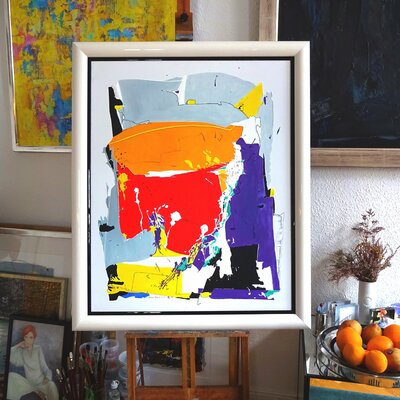 Volker Mayr in the Studio: Volkers Atelier mit seinem Ölbild "Positive Thinking" (80 x 100 cm) auf der Staffelei