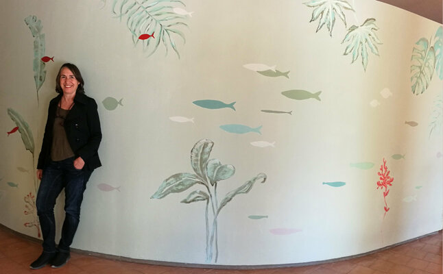 Valeria Pesce in the Studio: Wall painting I did in 2017 in an Hotel in Sardinia by the sea (20mt)