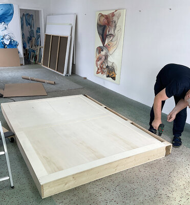Fintan Whelan in the Studio: A large painting for a public collection in Qatar being crated for transit.