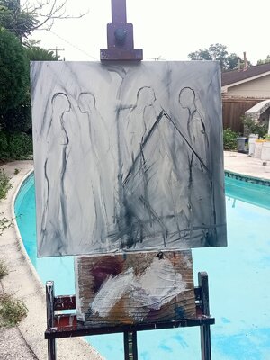 Alejandro Naranjo in the Studio: Life series: Encounters - Work in progress. Oil on canvas.