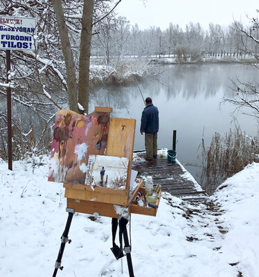 Bozhena Fuchs in the Studio: Here’s a little plein air piece done during my recent trip to Hungary. My husband fishing in the morning light.