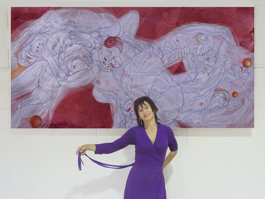 Sol KJOK in the Studio: The "Spiraling Smoke" paintings can be displayed in all directions, as their story is one of constant flux. I aim for a continuous quality where nothing has an endpoint, and one movement flows into the next, like a ribbon.