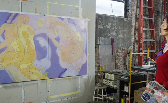 Sol KJOK in the Studio: Any physical process of creation, like the act of healing, therapeutic touch and loving embraces, involves the hands as powerful ministers of our thoughts and spiritual energies. The painting resonates with the chi that was poured into its making.