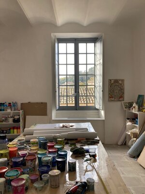Delphine Bernard in the Studio: view over the village and the hills of gaurrigue and oliver trees