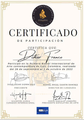 Didier Franco in the Studio: Certificado primera Bienal Internacional de arte contemporáneo de Cali, Colombia