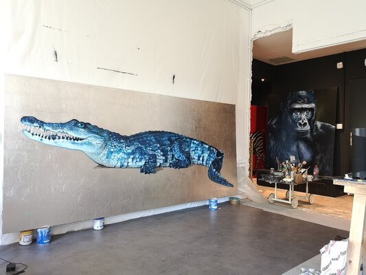 Sabine Ducarn in the Studio: Le grand mur où je peins ( celui du crocodile)