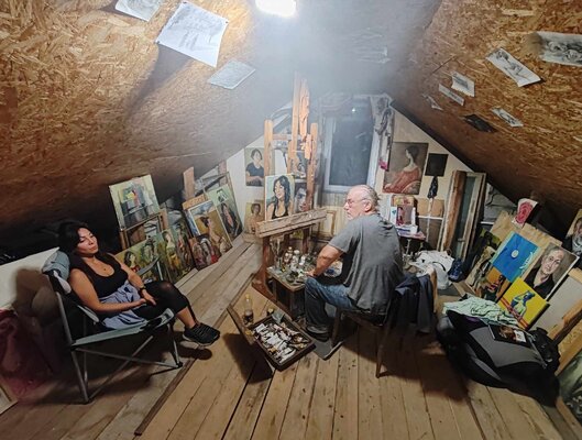 Giorgi Rurua in the Studio: Place, where I feel happiness. My Art studio in attic at my suburb place in village Buriani. Near Tbilisi.