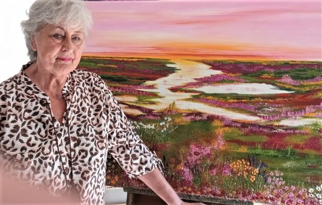 Ans Duin in the Studio: At an exhibition with one of my landscape paintings named "Painting the summerblues".. Sold in Amsterdam.