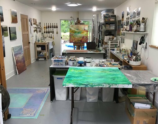 Lori Latham in the Studio: Lori Latham studio with paintings in progress
