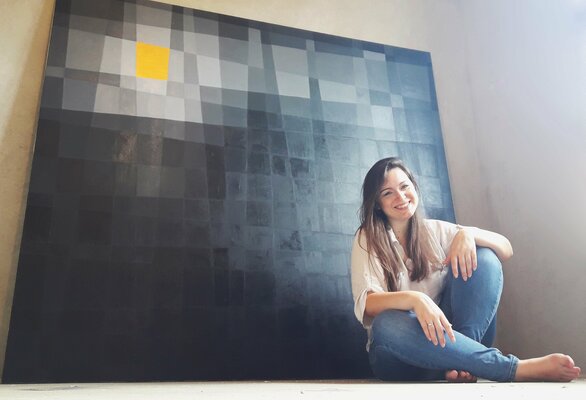 Marija Nikolic in the Studio: Relaxing in my atelier in front of the largest oil painting I've ever done (180x200cm). It pulled me in completely, as I was working on it every day without taking any breaks.
