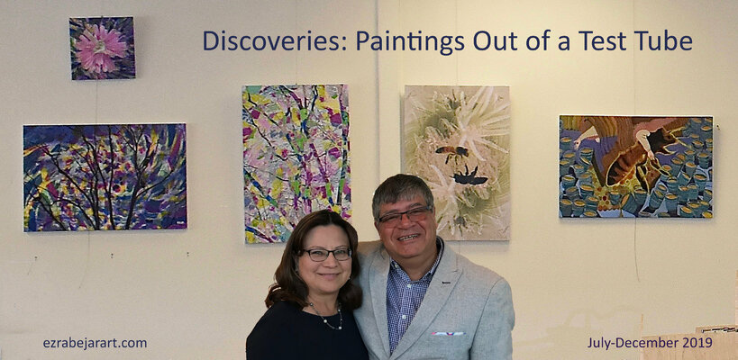 Ezra Bejar in the Studio: With my wife Veronica at: Discoveries: Ten paintings out of a test tube, San Diego County Public Library, 2019
