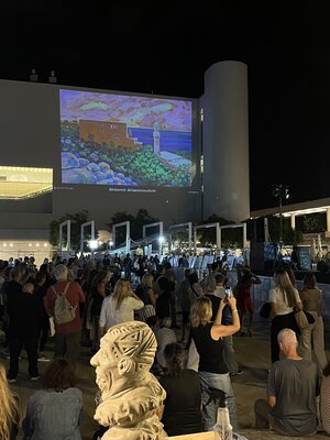 Shlomit Aharonovitch in the Studio: Presentation of my artworks on the facade of Habima National Theater, Tel Aviv, Israel