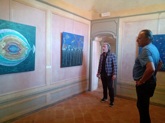 Antonio Presti in the Studio: Tre miei dipinti cm 100x100  al Palazzo Lucerna di Rorà sede del museo archeologico di Benevagienna (Cuneo) in esposizione fino al  26 settembre 2021