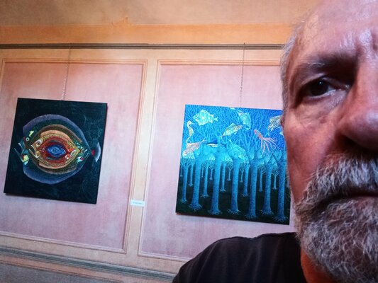 Antonio Presti in the Studio: Due dei tre dipinti esposti a Palazzo Lucerna di Rorà sede dle Museo Aecheologico di Benevagienna (Cuneo) dal 4 luglio al 26 settembre  2021