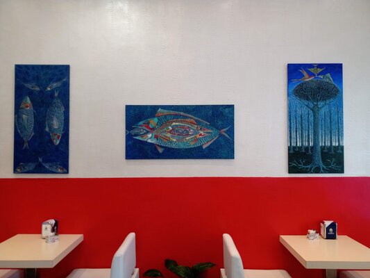 Antonio Presti in the Studio: Alla caffetteria Carlo Alberto a TORINO, via Carlo Alberto 44,  tre dipinti cm 50x100  in esposizione  nei mesi di marzo e aprile 2023
