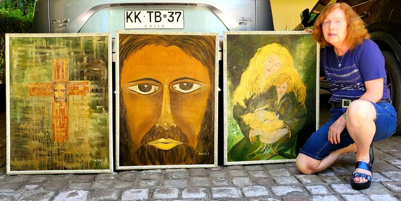 Estela Del Valle Mañez in the Studio: "MI VIRGEN", es una pintura muy especial, con "MI CRUZ" y "MI CRISTO",  fueron pintadas en una misma etapa y es una secuencia de tres pinturas MISTICAS. ÓLEO SOBRE TELA