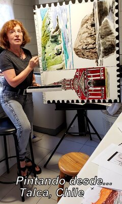 Estela Del Valle Mañez in the Studio: Pintando en su Atelier "SELLO de CONSTITUCIÓN". ----Una pintura que muestra tres lugares emblematicos de la ciudad de Constitución, Chile, trasformandola en un SELLO POSTAL.