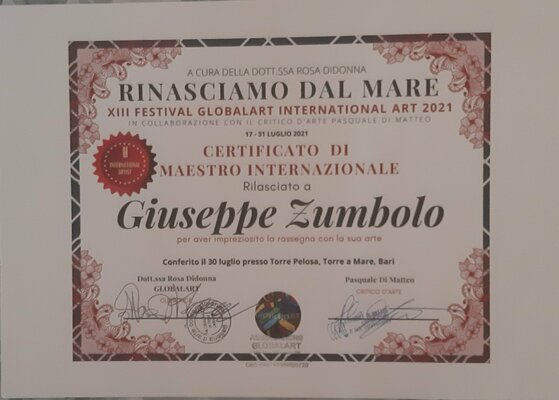 Giuseppe Zumbolo in the Studio: 2021. Ricevuto importante riconoscimento di Artista Internazionale.