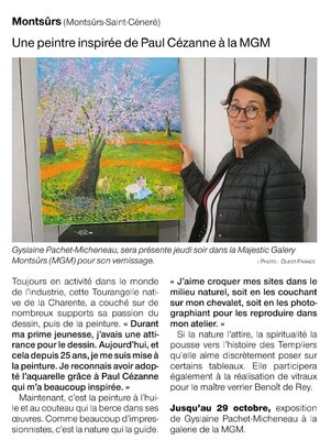Gyslaine Pachet Micheneau in the Studio: Article Ouest France du 06102022. Expoistion personnelle à Majestic Gallery Montsûrs -29 Rue du Pont, 53150 Montsûrs