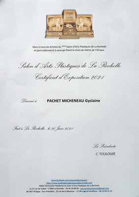 Gyslaine Pachet Micheneau in the Studio: 202107Certificat d'exposition au 35éme Salon des Arts de La Rochelle