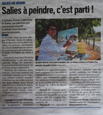 Gyslaine Pachet Micheneau in the Studio: Concours de peinture à Salies de Béarn du 14 juillet au 17 juillet 2022- Article de presse où je peins à Abitain pour le concours