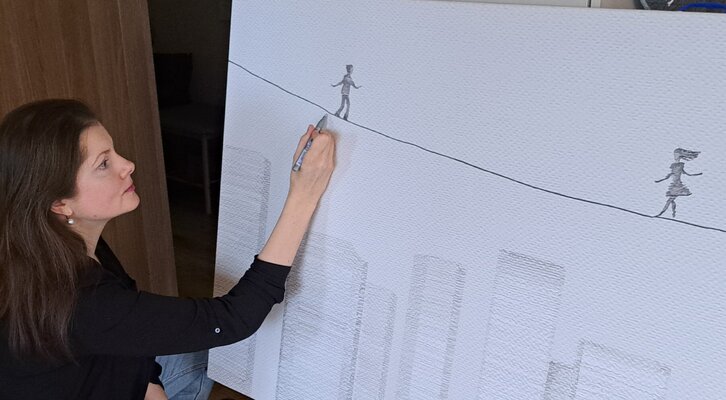 Painter Coded in the Studio: The final touches on 'Over the City #1'.