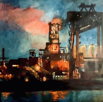 Florence Dias-Looten in the Studio: Le haut Fourneau , 100x100 cm , huile sur toile , 4200€