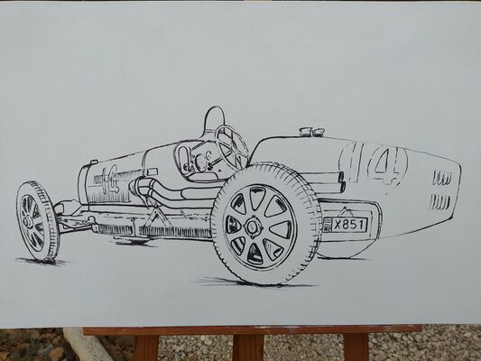 Hubert Ollivier in the Studio: Croquis préparatif de l'oeuvre "Bugatti numéro 14" format 50x100.