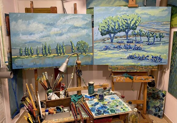 Jacques Sterenberg in the Studio: a couple of recently completed landscapes rest in the studio.