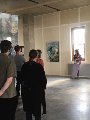 Mariam Qureshi in the Studio: Preseenting my paintings to a crowd of people at the Exhibit "Artist in the fallow" 2020