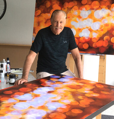 Bruce Peebles in the Studio: Surrounded by some of my Sun Glitter series artworks before they headed to the USA. The foreground artwork now resides in North Carolina, USA and the background artwork resides in Massachusetts, USA.