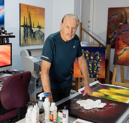 Bruce Peebles in the Studio: In the studio surrounded by a few recent artworks including some mixed media and artworks from the Primordial Landscapes series.