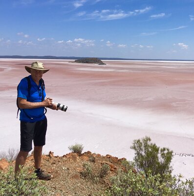 Bruce Peebles in the Studio: On the search for new ideas, Lake Ballard salt lake in the Goldfields desert region of Western Australia. The incredible whites and soft pinks of the salt lake are the inspiration for many of the artworks in the Central Australia Experience Series.
