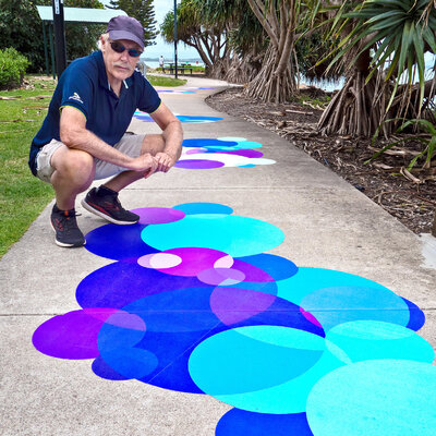 Bruce Peebles in the Studio: I was recently commissioned to create a 25 metre long mural depicting features of Moreton Bay for the Art At Large program by Moreton Bay Regional Council, My approach was to illustrate the specular highlites on the moving water in an abstract way.