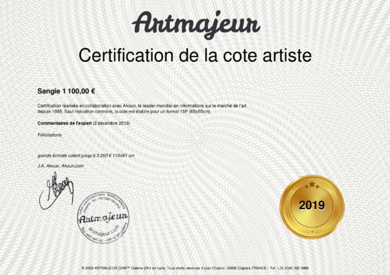 Sangie in the Studio: Certification de la cote de Sangie, disponible Guide des Peintres, Akoun 2020