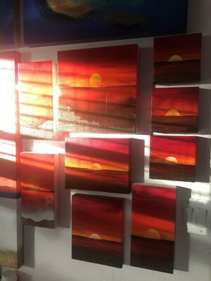 Ana Hefco in the Studio: sunset light over my sunset paintings