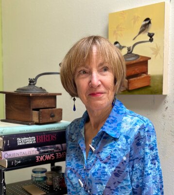 Elizabeth Rickert in the Studio: Wall of my bird paintings at La Posada in Santa Fe
