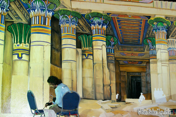 Hani Badawi Leo in the Studio: As in ancient Egypt, he mixed colors from various natural pigments combining them following the Egyptian symbolic meanings blue of indigo and Egyptian blue, Green, Yellow, Red that symbolizing the burning nature of heart, water and sun.
