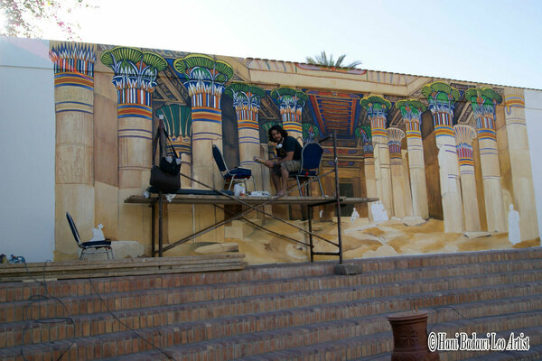 Hani Badawi Leo in the Studio: He reproduced the Egyptian ancient Temple of Isis by reproducing the Hypostyle Hall of the Temple of Isis, faithfully painted as it was the original Temple with 14 columns supporting the ceiling.