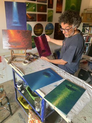 Alessandro Piras in the Studio: In my studio, checking some small paintings.