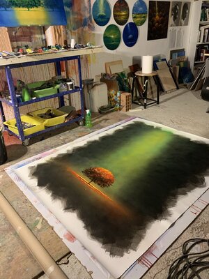 Alessandro Piras in the Studio: A large painting on canvas, painted with acrylic colors and spray paint.