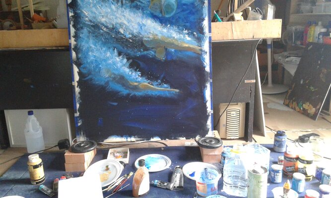 Alessandro Piras in the Studio: What a mess...I know. But when I create a painting it is quite normal to me. Part of the effort is visible in the way I use my colors.