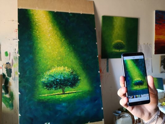 Alessandro Piras in the Studio: A large painting on commission . I am checking the colour between the rough and the final work.