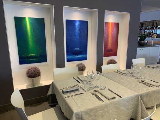 Alessandro Piras in the Studio: My enlightened trees in a Bologna Hotel. Three different colors for three different niches.