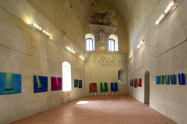 Alessandro Piras in the Studio: Personal Exhibition at Montefiore Conca with my enlightened trees. The magic unique location of this ancient hall inside the Malatestian Fortress, with its 10 meters height, has been a wonderful experience.