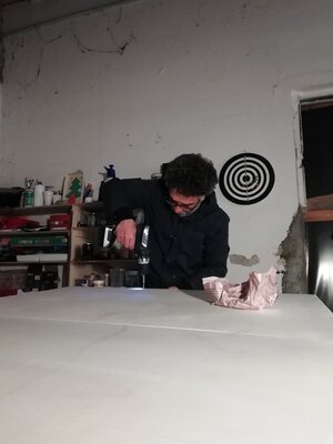 Alessandro Piras in the Studio: Well...I am not painting now, but I am preparing a wooden crate to ship my painting in the U.S.A.